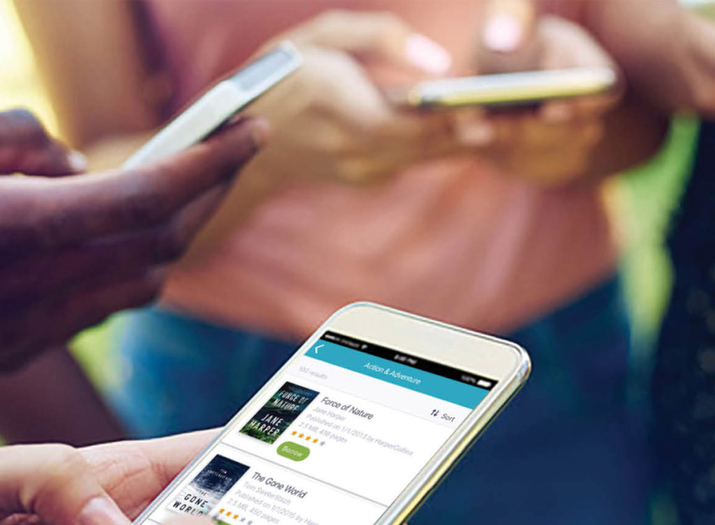 Section of iphone in shot with cloudLibrary app on screen