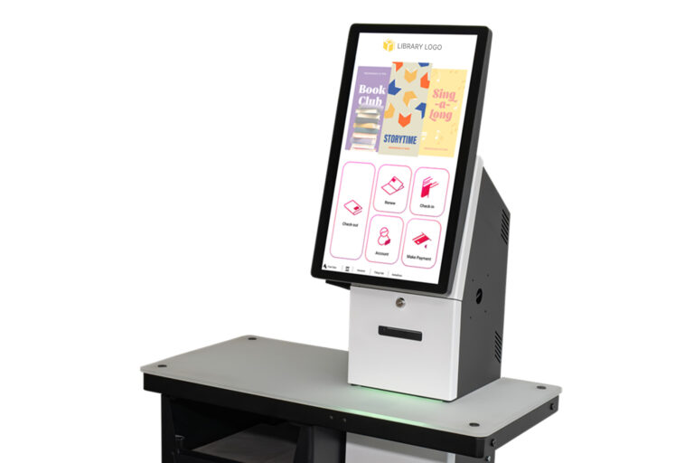 selfCheck 3000 kiosk with quickConnect™ home screen displaying check-out, renew, and account options.