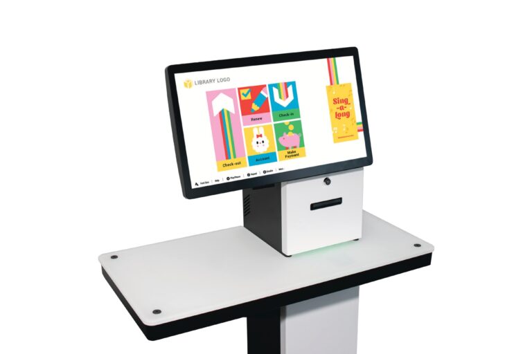 selfCheck 3000 kiosk with quickConnect™ software displaying an instructional animation for item checkout.