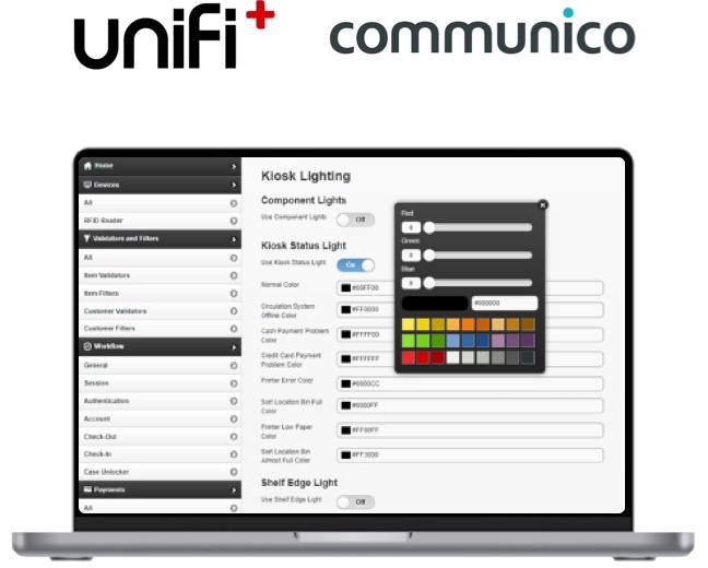 unifi+ Communico interface for customizing selfCheck 2500 kiosks